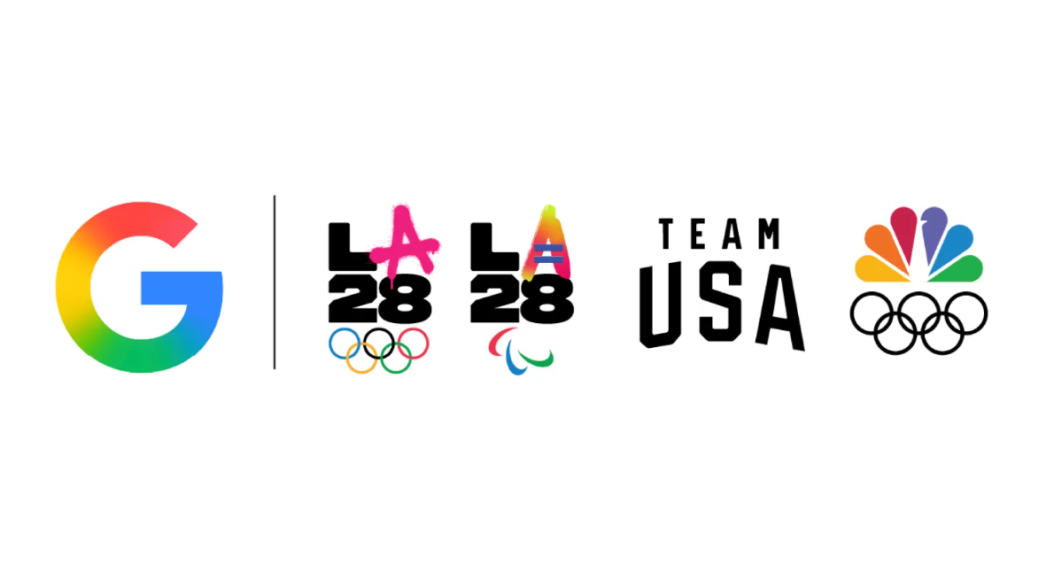 Google logo, LA28 logo, Team USA logo, and NBCUniversal logo