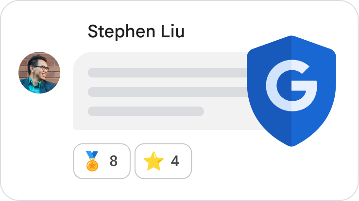 User profile card for Stephen Liu showing a large 'G' security shield logo, indicating built-in security features.