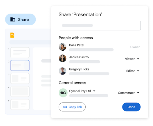 A pop-up window enables a creator to manage sharing permissions on a slide deck.
