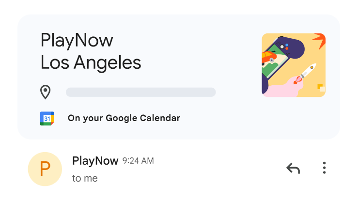 A card confirming a “PlayNow Los Angeles” event, with an option to sync to your Google Calendar