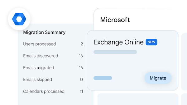 A pop-up window summarizes the users, emails, and calendars being migrated from Microsoft 365 to Google Workspace.
