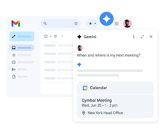 A user asks Gemini when and where their next meeting is.
