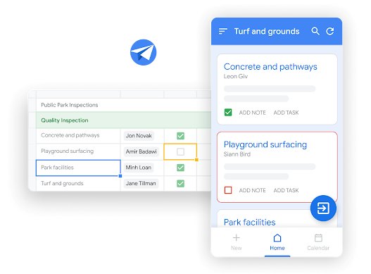 Workspace illustrative graphic - teammates edit docs while on a google meet call together
