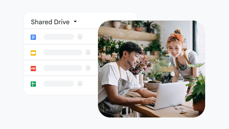 A man and a woman in aprons working together in a flower shop, with a shared drive interface shown in the background.