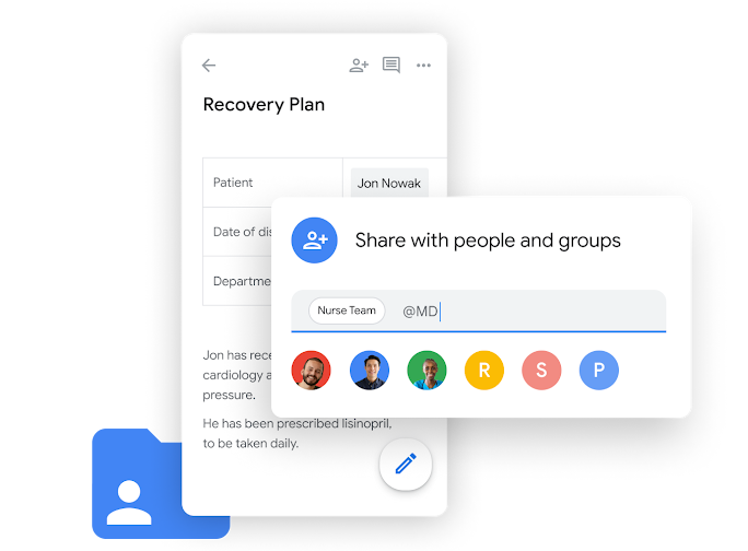 Workspace-illustration – vårdgivaren delar patientens rehabiliteringsplan med teammedlemmarna