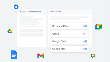 A screenshot showing the controls for Gemini in Google Workspace, with access enabled for Drive, Docs, and Meet, but disabled for Gmail.
