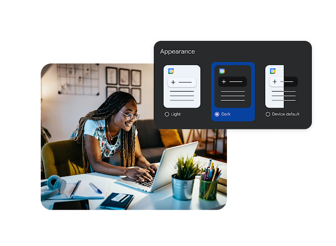 A photo of a woman working on a laptop and an image of a calendar's "Appearance" settings menu showing the "Dark" mode option selected.