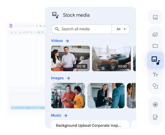 Suggested stock videos, images and music available in Google Vids