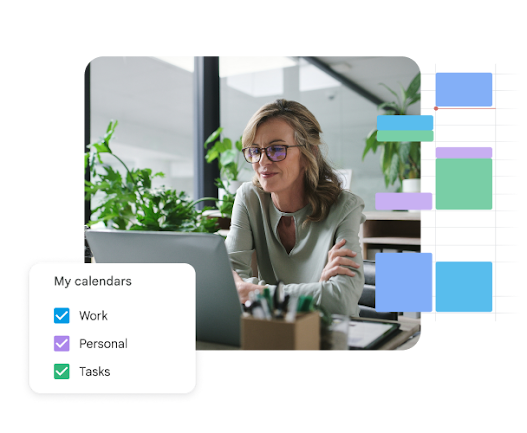 A photo of a woman looking at a laptop with a calendar view showing layered schedules for "Work," "Personal," and "Tasks."