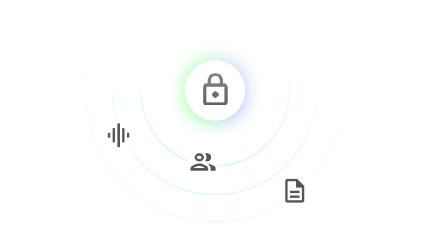 A padlock icon surrounded by different user and file type icons