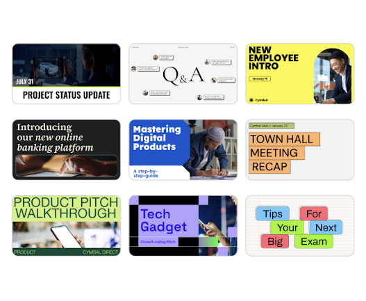 Nine thumbnail examples of different video templates