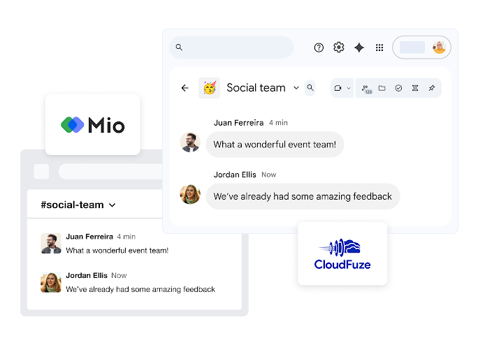 Chat windows featuring the logos of third-party interoperability solutions, Mio and CloudFuze.
