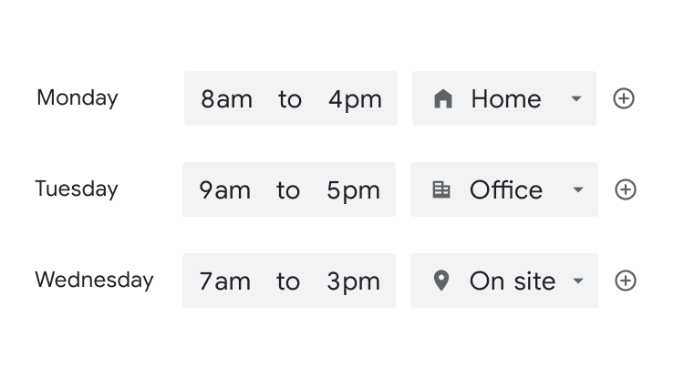 A calendar menu for setting weekly work hours and locations.