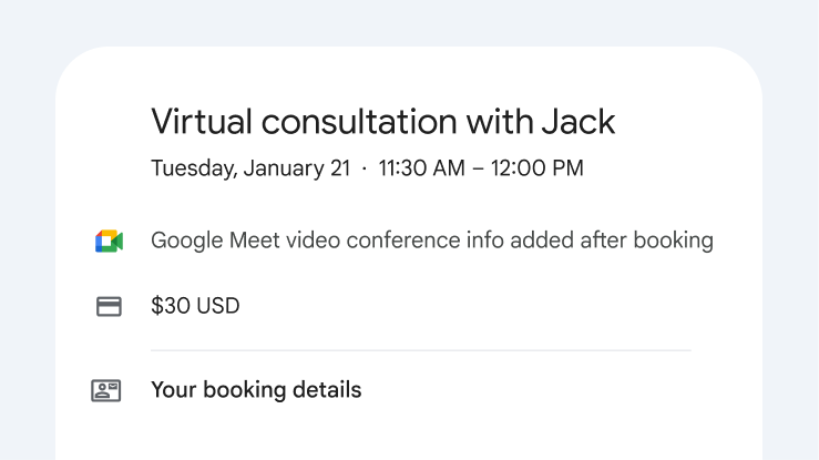 A consultation is booked in Google Calendar and scheduled on Google Meet, with payment taken