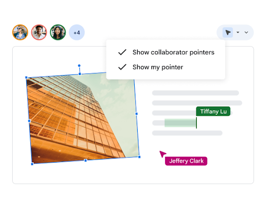 A user can select to show their own and collaborators’ pointers on a slide, so everyone can see exactly who is doing what.