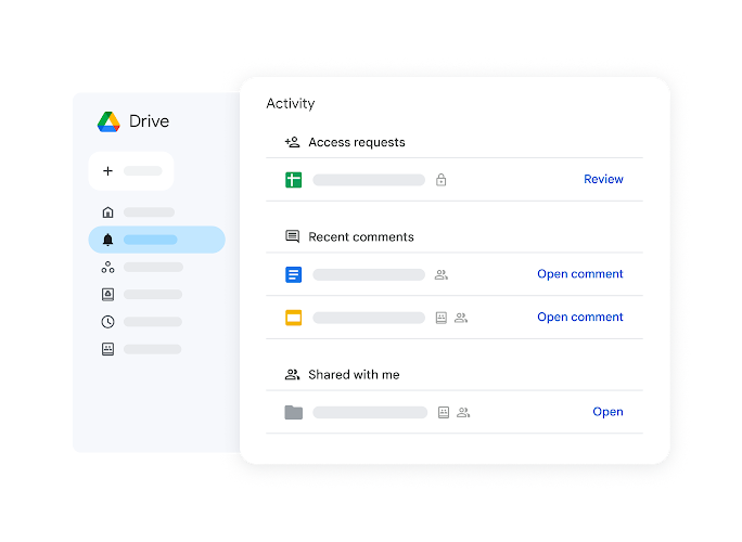 Recent activity list in Drive, including access requests and comments
