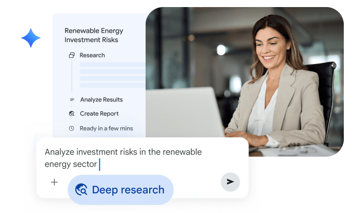 A smiling woman works on a laptop with an overlay showing a "Deep research" AI prompt bar and a workflow checklist for analyzing renewable energy investment risks and creating reports.