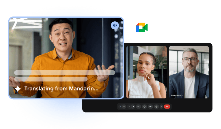 A video conference interface shows three participants. A man in an orange shirt is speaking and gesturing, with a caption reading "Translating from Mandarin..." appearing over his video tile while two colleagues listen in separate windows.