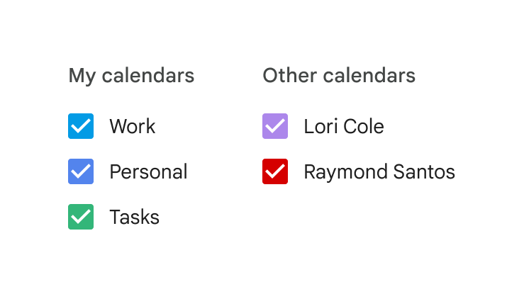 A calendar settings menu for toggling "My calendars" and "Other calendars."