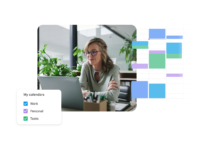 A photo of a woman looking at a laptop with a calendar view showing layered schedules for "Work," "Personal," and "Tasks."