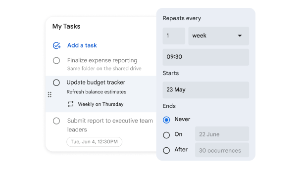 A pop-up window enables the user to set the task called “Update budget tracker” to repeat every week at 9:30am, starting on May 23.