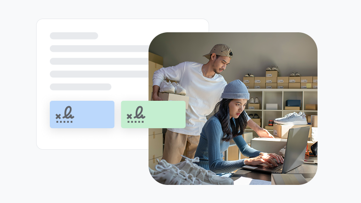 A man and a woman managing online orders on a laptop, with packages in the background. A digital interface with signature-like buttons is partially visible in the foreground.