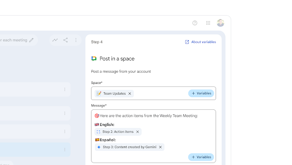 Setting up a workflow that posts action items from the weekly team meeting to a Chat space.