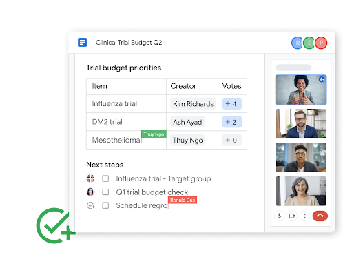 Workspace-illustration – teammedlemmar redigerar dokument under ett Google Meet-samtal