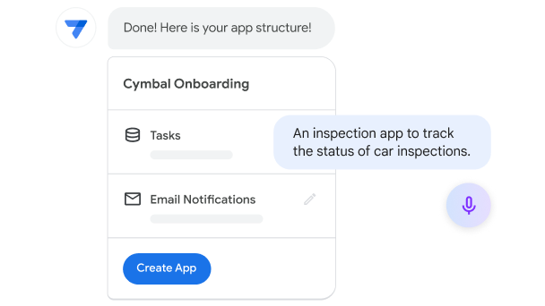A Chat conversation with AppSheet, detailing a no-code app structure for tasks and email notifications in a custom app.