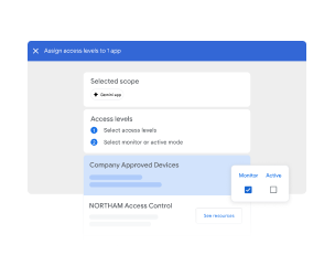 A screenshot of access policies being applied to the Gemini app, where 'Company Approved Devices' has been set to 'Monitor'.