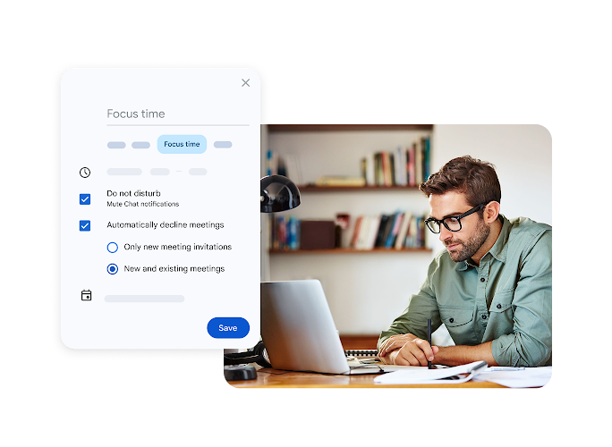 A man working on a laptop and a calendar card for scheduling :Focus time” with “Do not disturb” enabled.