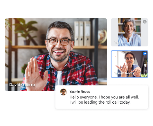 Google Meet video call showing three users, with a live transcript reading, "Hello, everyone, I hope you are all well. I will be leading the roll call today.” 
