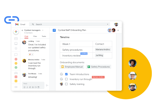 Google Workspace Interface graphic - teammates edit a doc together while chatting live