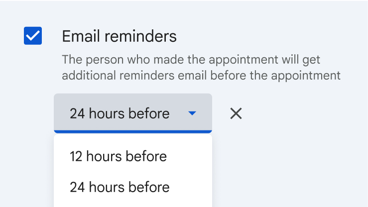 Automatic email reminders can be scheduled 12 or 24 hours before appointments