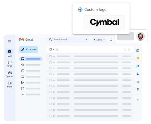 A stylized view of the Gmail interface highlighting the custom logo of the user’s company.